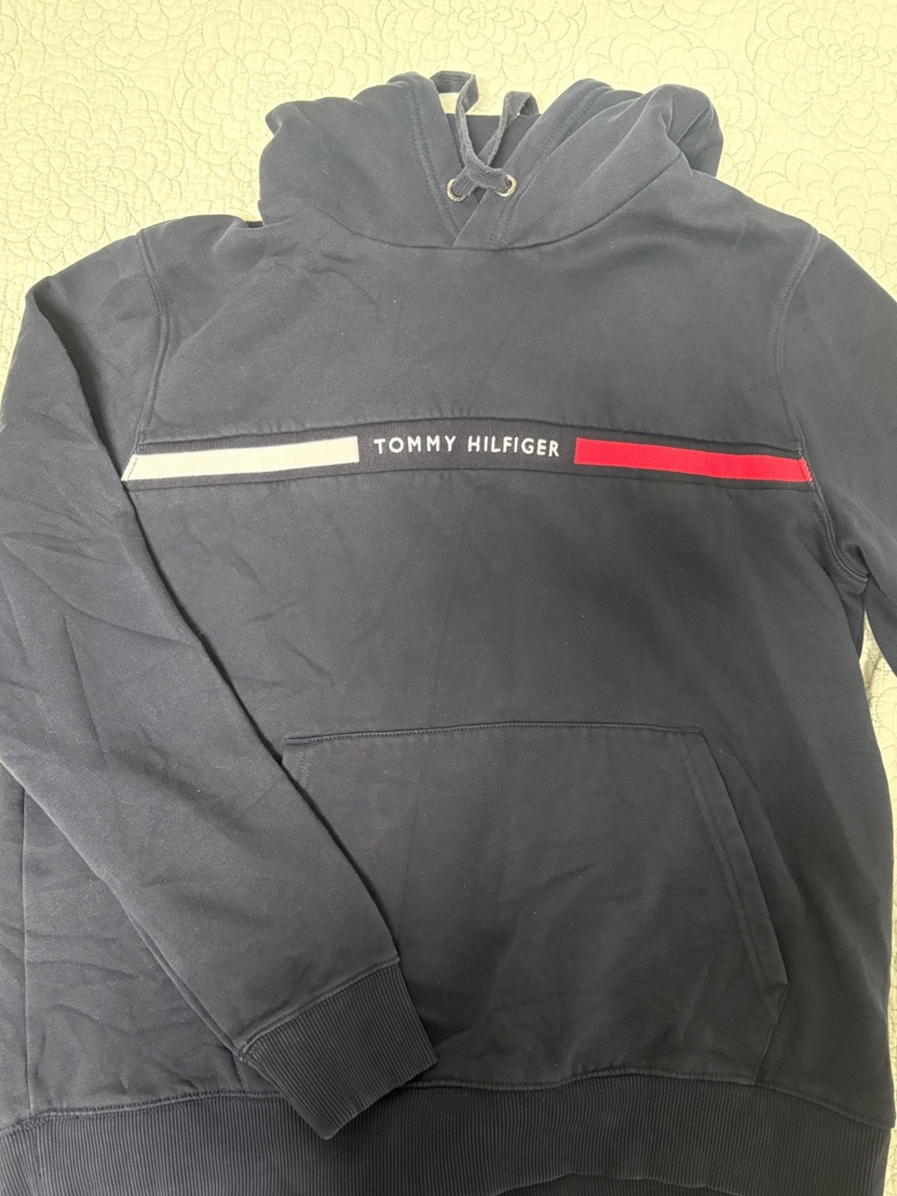 Tommy Hilfiger Navy Hoodie with Red & White Chest Stripe